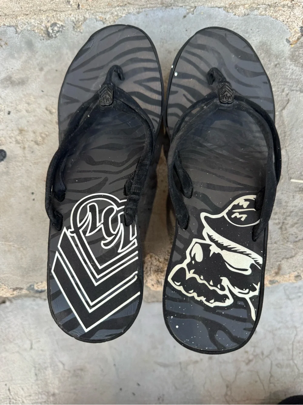 Black Platform Flip Flop Sandals with Zebra Print - metal mulisha
